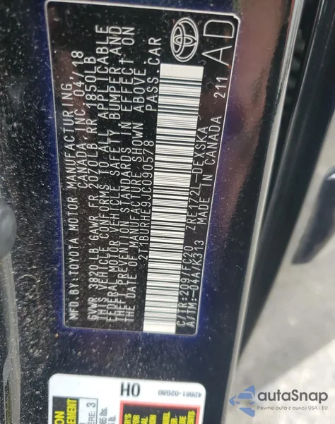 2018 Toyota Corolla L из США, поврежденный, VIN 2T1BURHE9JC090578